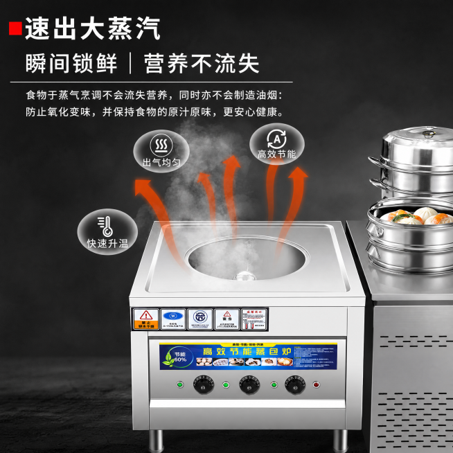 修改图片尺寸为800*800正方形，保留原有蒸包炉产品和文案内容不变预览效果