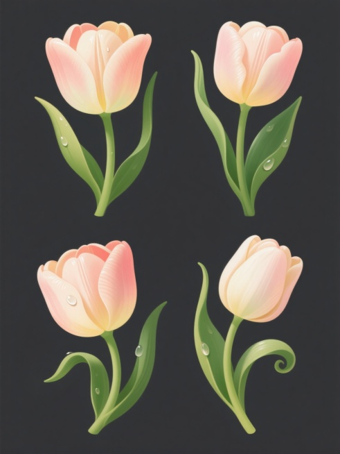 一套4个规整排布的素材，每个素材均为数字插画风格的郁金香，保持平滑渐变的色彩过渡、清晰的边缘轮廓和写实的光影表现，花朵具有柔和的高光和水滴细节，绿色花茎带有自然的明暗变化。每个素材中的郁金香造型样式各不相同，包括不同的开放程度、花瓣卷曲形态和花茎弯曲角度，均以纯色背景呈现，无任何文字、logo和水印。预览效果