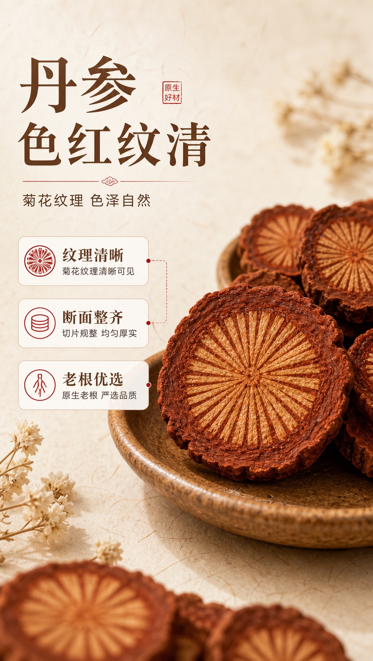 [商品] 使用【图1】中的丹参部分（棕褐色菊花纹切片）；保留丹… - 图片创意预览