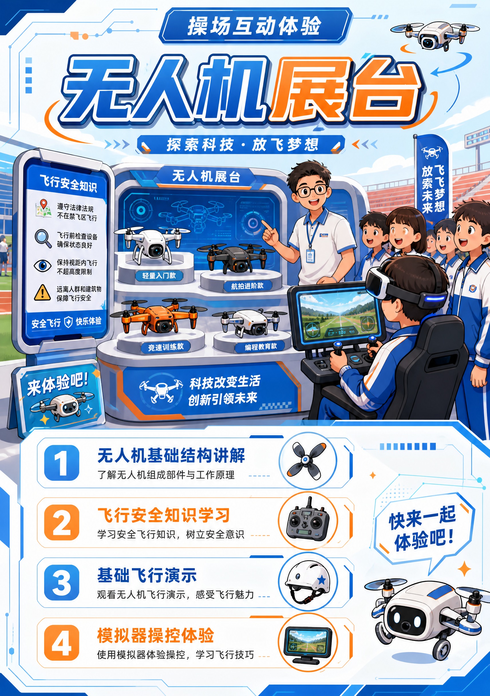 卡通科技风宣传手册内页，竖版A4比例。页面主题"无人机展台"，… - 图片创意预览