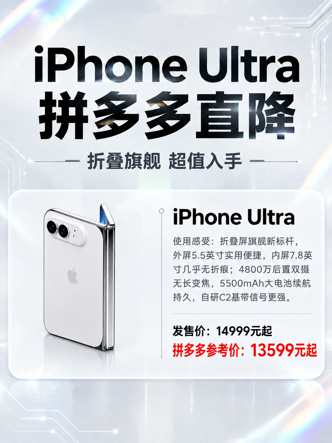 将海报中卡片左侧的手机产品图替换为第二张图中的白色折叠iPho… - 图片创意预览
