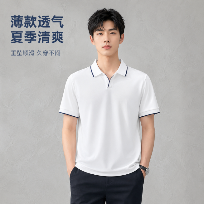 [主图-1] 男士白色Polo衫模特正面穿搭首图。
[氛围风格] 简约高级休闲风，商务日常松弛感
[画质] 商业摄影质感，光线柔和通透，产品清晰真实，画面干净高级
[元素] 亚洲年轻男模特，身材匀称，预览效果
