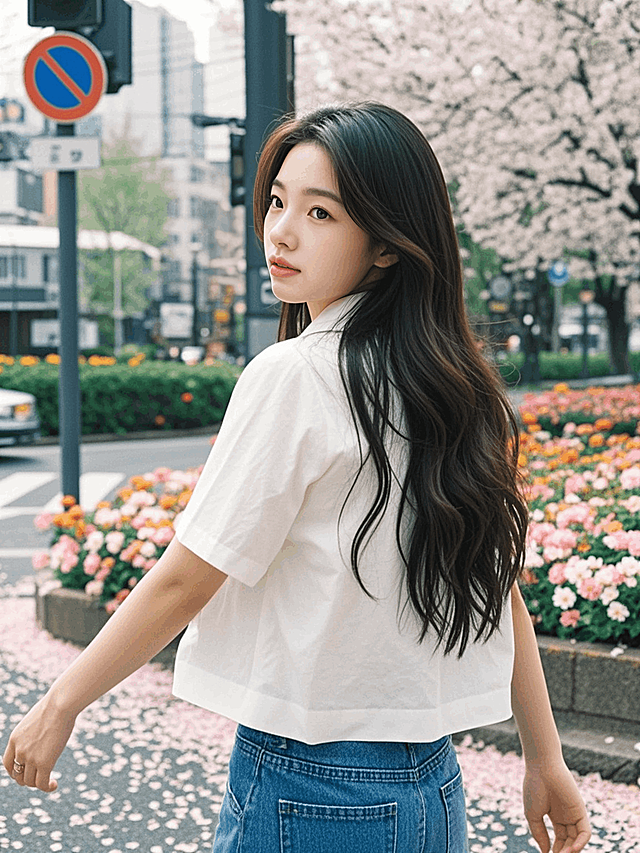 一个长发女生，侧脸，青春，阳光，在街角路口，明亮，柔和，春日，鲜花，富士胶片主风格，氛围感