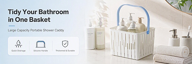 [商品] 使用【图1】白色手提收纳篮；保留长方形圆角造型、竖向镂空条纹、浅蓝色硅胶提手、底部沥水孔结构；产品颜色、材质、比例与参考图完全一致。
[画面] 页面目标：头图海报，展示产品在浴室场景中的整洁收纳效果。构图：左文右物，左侧35%为文案区，右侧65%为产品场景。产品放置在浴室台面上，周围整齐摆放着沐浴露、洗发水、毛巾等洗浴用品，收纳篮内也整齐放着几瓶洗浴用品。产品占画面约45%，3/4角度正面偏右摆放。背景是明亮干净的现代浴室，浅米色瓷砖墙面，柔和自然光从侧面照入。
[视觉] 套系策略：风格=跨境极简商业摄影；标题字=现代无衬线粗体；正文字=简洁无衬线体；主色=浅雾蓝；背景延展=基于浅雾蓝做深浅层级、同色渐变和细腻哑光质感；强调色=深灰蓝，仅用于小面积图标、引线和标签；标题色=深炭灰；正文色=中灰；组件=圆角浅底信息卡、细线引线；光影=左前侧柔光，产品自然投影在台面上。
[文字] 左侧上方主标题"Tidy Your Bathroom in One Basket"，副标题"Large Capacity Portable Shower Caddy"，下方3个短卖点图标+文字："Quick Drainage"、"Silicone Handle"、"Thickened & Durable"。文字横排，不遮挡产品主体。
[规格] 图片比例97:30横版，2K，避免变形、错字、文字过小、杂乱背景、产品颜色改变、结构失真、悬浮、穿模。