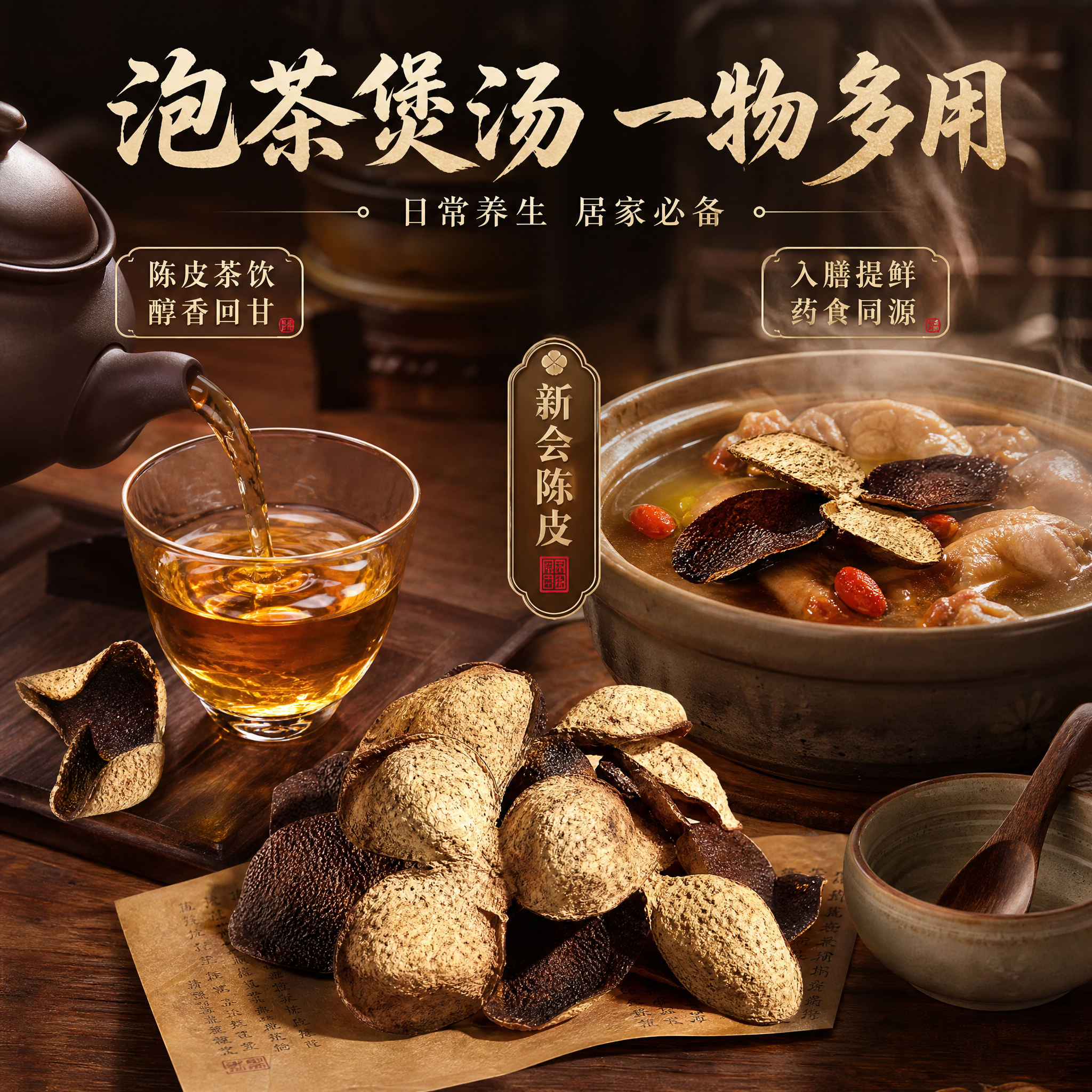 [主图-5] 新会陈皮使用场景主图，核心任务是展示泡茶煲汤一物… - 图片创意预览