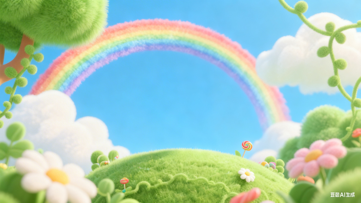 在这张毛绒风格的草地蓝天图片中添加元素：在天空添加一道清新的彩虹，在草地上添加彩色的棒棒糖和糖果元素，保持原图整体的毛绒质感和清新风格预览效果