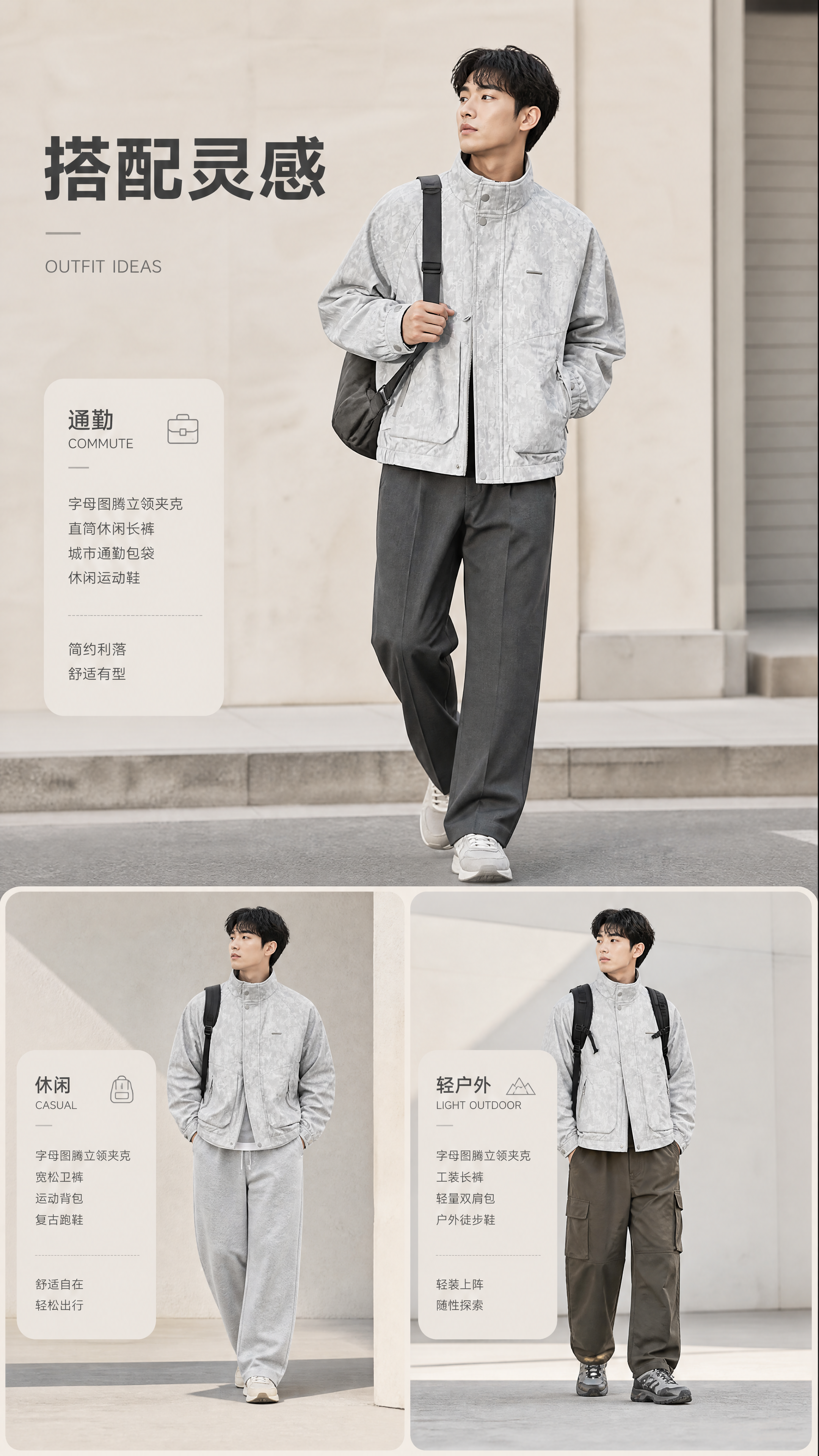 [商品] 使用【图1】浅灰白满版字母图腾印花立领拉链夹克（男士… - 图片创意预览