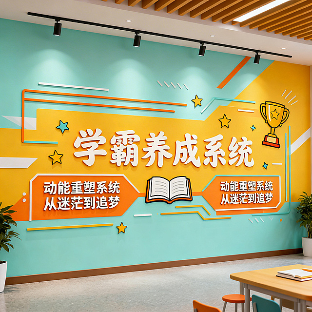 教培行业环创图，主题是学霸养成系统，包含文字"学霸养成系统"和"动能重塑系统 从迷茫到追梦"，设计个性青春活力，适合教育培训机构的创意墙面装饰，整体风格积极向上充满学习氛围感