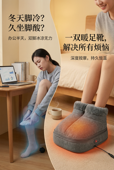 淘宝电商详情页第二屏，竖版，比例2:3。左侧是年轻上班族坐在书桌前，双手揉搓冰凉双脚，表情疲惫；右侧是真人双脚放入暖足靴中，放松微笑。主标题文字"冬天脚冷？久坐脚酸？"，副标题文字"一双暖足靴，解决所预览效果