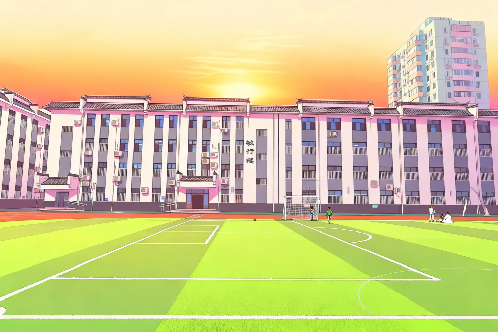 将这张校园足球场教学楼风景画改成日式漫画风格，保持原有场景构图不变，变成动漫插画形式，夕阳氛围，清新漫画风预览效果