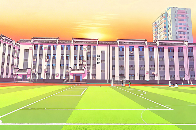将这张校园足球场教学楼风景画改成日式漫画风格，保持原有场景构图不变，变成动漫插画形式，夕阳氛围，清新漫画风