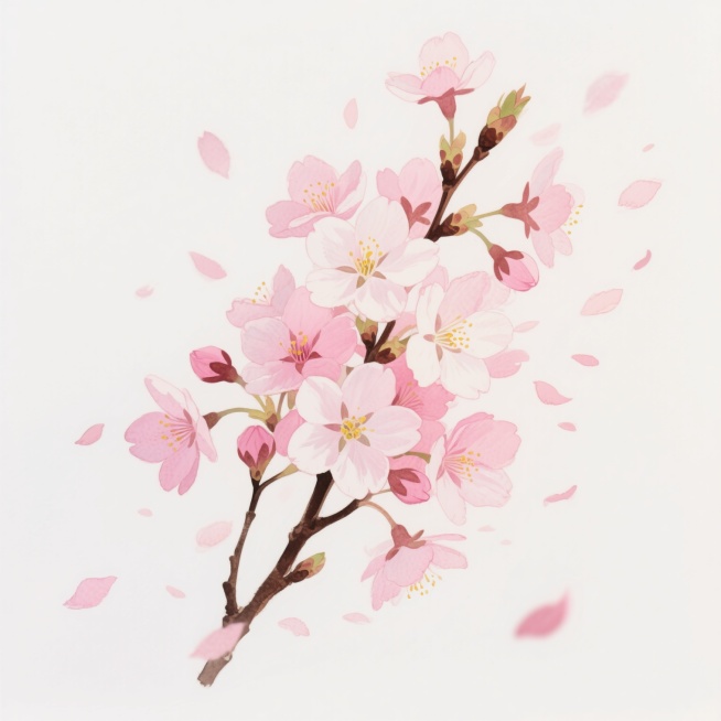 水彩风格插画，以纯净的白色为背景，画面主体为一束盛开的粉色樱花，花瓣呈现柔和的粉白渐变，花蕊为淡黄色，枝干纤细呈深褐色，部分樱花含苞待放，大量粉色花瓣从枝头飘落，形成轻盈飘逸的动感，整体色调清新淡雅，光影柔和，笔触细腻，营造出浪漫唯美的春日氛围。预览效果
