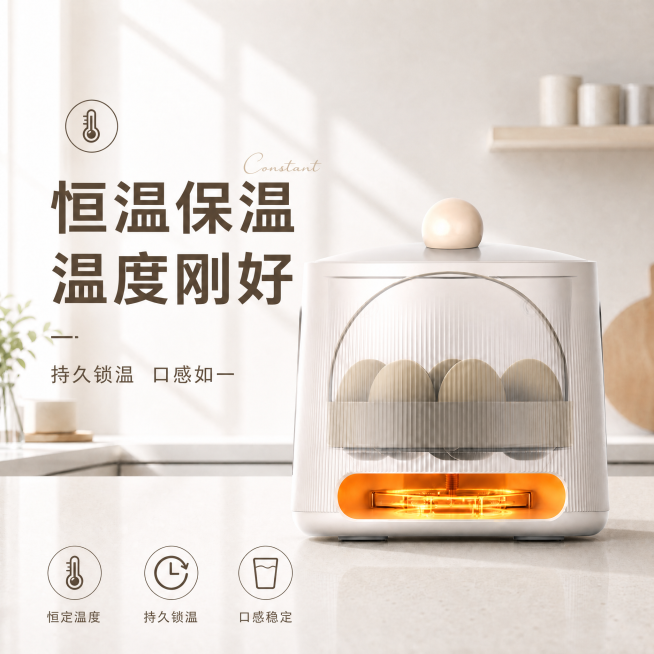 参考最新干态预约主图的统一排版：左上主标题大字，其次副标题，左上角功能图标，底部三个带图标的卖点，左文右图布局，明亮浅色系厨房石英石台面背景，侧窗光影，将当前图片排版调整为完全一致的板式，保持产品、卖预览效果