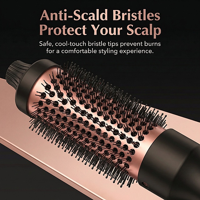 [Main Image 4] Product detail close-up, focus on the anti-scald design of the 3-in-1 curling iron brush. Keep product details consistent with original image. Extreme close-up of the brush head area showing the anti-scald bristles and heated ceramic barrel. Text headline: "Anti-Scald Bristles Protect Your Scalp", smaller text explains the safe design. Black rose gold tone, advanced fashion style, all English, no sensitive words. Clean background, professional studio lighting, focus on the detail.