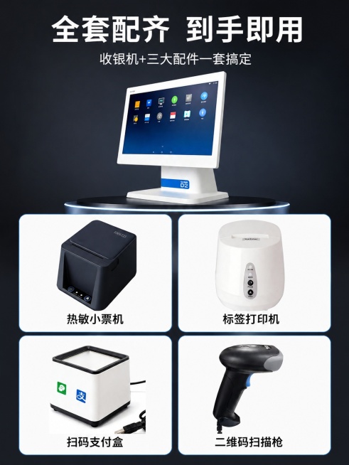 [主图-2] 富掌柜收银全套设备核心卖点展示图。
[氛围风格] 简洁科技风，深色简约背景，卖点清晰分区。
[画质] 商业设计质感，信息层级清晰，文字干净可读。
[元素] 顶部放置收银机产品主图，保持产预览效果