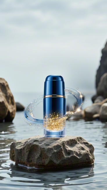 场景构建：

粗砺石台 × 精工护肤品（材质碰撞）

环绕元素：原生岩层 + 动态水迹

背景：冷调天幕（低饱和灰蓝）

光影氛围：

自然柔光 → 冷调倒影强化瓶身简洁线条

氛围：纯净·自然·冷冽预览效果