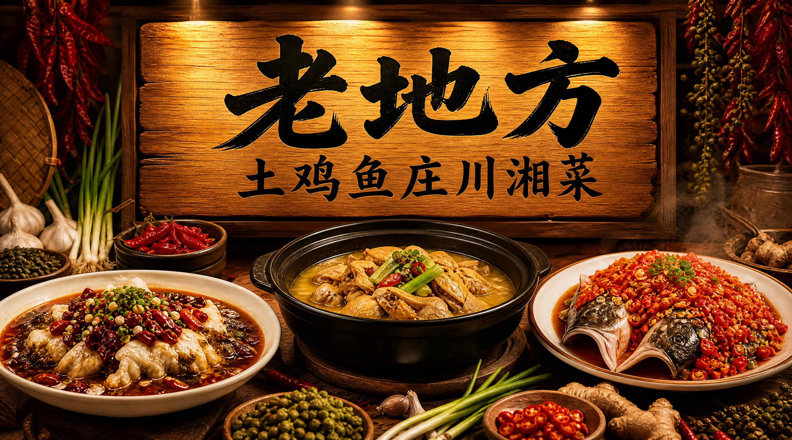 写实摄影风格的餐厅店招设计，横版构图，中央位置是醒目的店名"老… - 图片创意预览