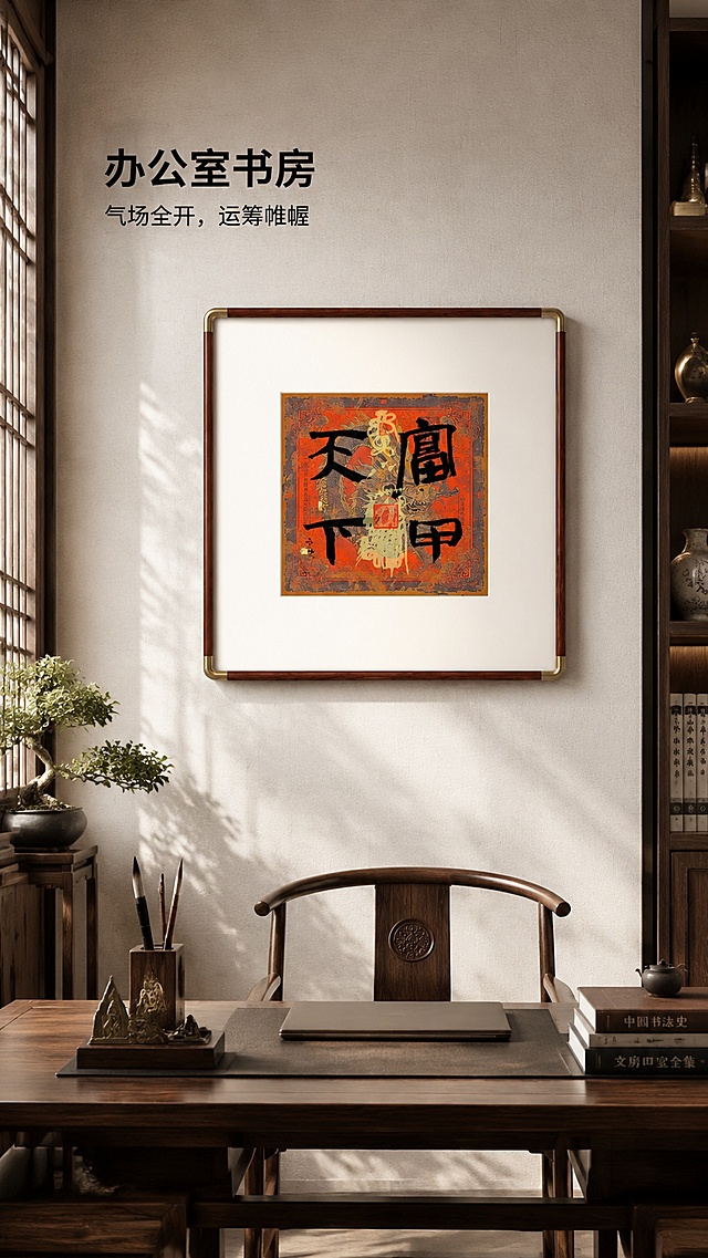 [第2屏] 办公室书房场景展示-富甲天下书法装饰画实景效果。本屏使用【图1】作为商品主体。
[氛围/风格] 新中式商务氛围感，极简雅致书房实景，真实光影，高级质感。
[元素布局] 装饰画悬挂在办公室书桌背景墙，墙面为素色宣纸纹理，画下方搭配简约书桌和文房摆件，产品占比约60%，四周保留空间层次；保持产品原有外观结构和颜色一致。
[光影质感] 左侧窗边自然柔光，墙面有柔和阴影，整体明暗层次自然，突出画框质感。
[配色色系] 全局底色 #e8e2d5；主色深棕木框、朱红画芯；辅助色浅灰墙面、胡桃木书桌。
[视角构图] 平视视角，空间景深自然，阅读动线从产品到场景整体延伸。
[文字版式] 顶部标题「办公室书房」，副标题「气场全开，运筹帷幄」，简约黑体排版于左侧，不遮挡装饰画主体，文字清晰可读。
[比例分辨率] 9:16 竖版比例，4K分辨率，文字清晰可辨，高清画质。
[负向提示词] 产品变形，结构错误，文字过小错乱，背景杂乱，水印