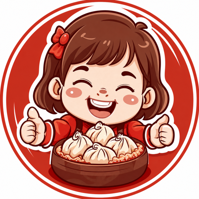 把图里的小男孩改成小女孩，保留包子美食、红底圆形布局和竖大拇指点赞的动作不变，整体风格保持卡通可爱插画，保留原来的配色风格预览效果