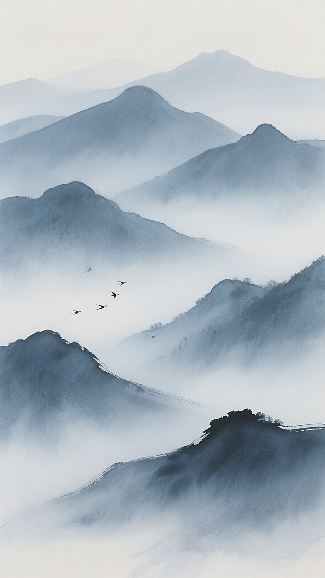 极简风格水墨山水画，蓝灰色调为主，远处山峰轮廓朦胧，近处山峦层次分明，山间云雾缭绕，几只飞鸟点缀其间，意境悠远空灵，运用水墨晕染技法，笔触简约大气，构图留白得当，营造出宁静致远的东方禅意氛围。
