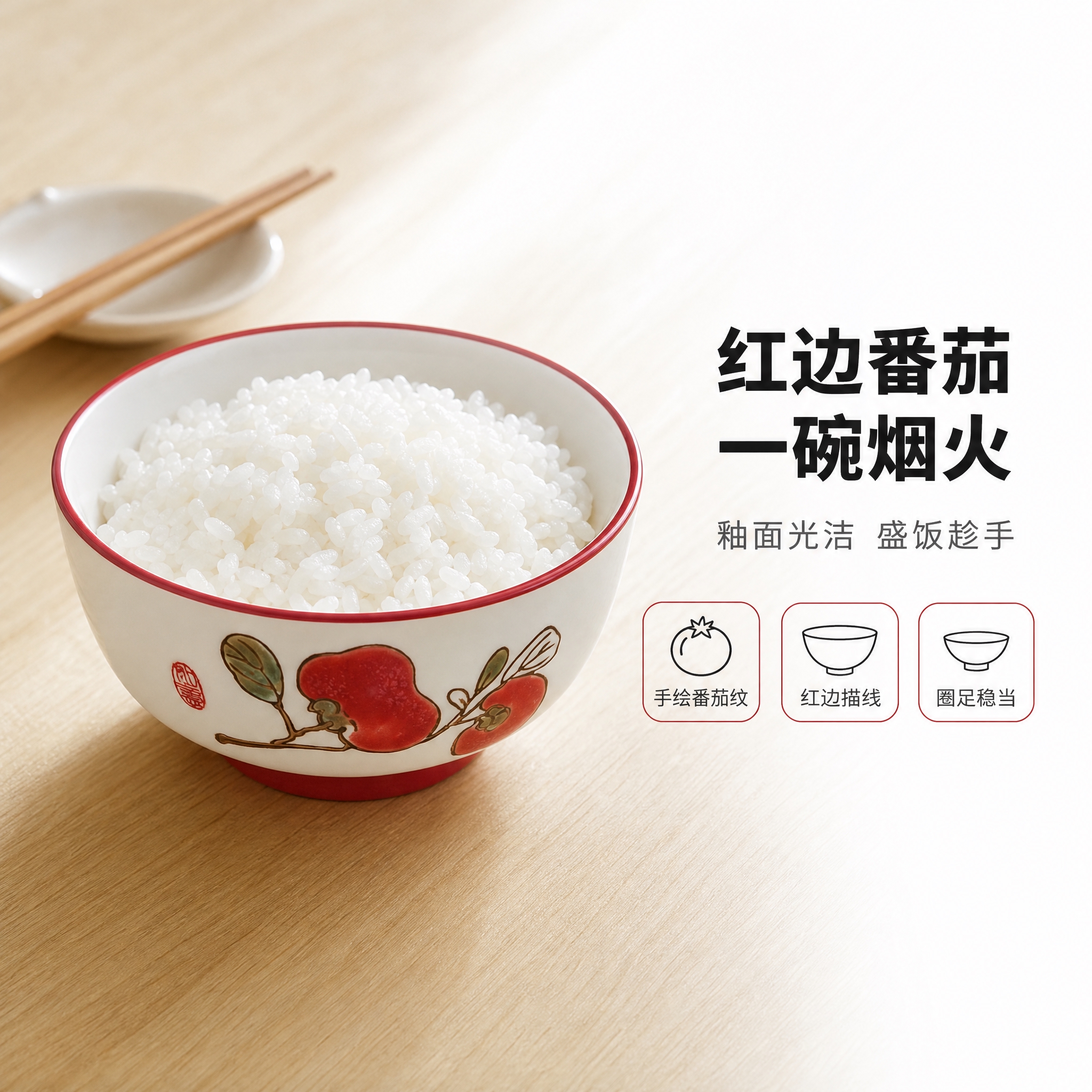 [主图-4] 红边番茄纹白瓷碗。唯一任务：真实餐桌使用场景，用… - 图片创意预览
