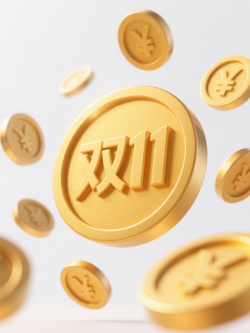 3D立体风格金币插图，主色调为金黄色，带有细腻的金属光泽和渐变效果，光源来自左上方，形成柔和的高光和自然阴影，金币表面有清晰的浮雕质感。画面中央是一枚较大的金币，周围环绕多枚大小不一的金币，呈现出悬浮且略带动态的散射状构图，金币边缘圆润，立体感强。所有金币上均有“双11”字样，替代原有的货币符号，保持相同的浮雕深度和字体风格。背景为纯白色纯色背景，简洁干净，无任何文字、logo、水印或其他装饰……预览效果