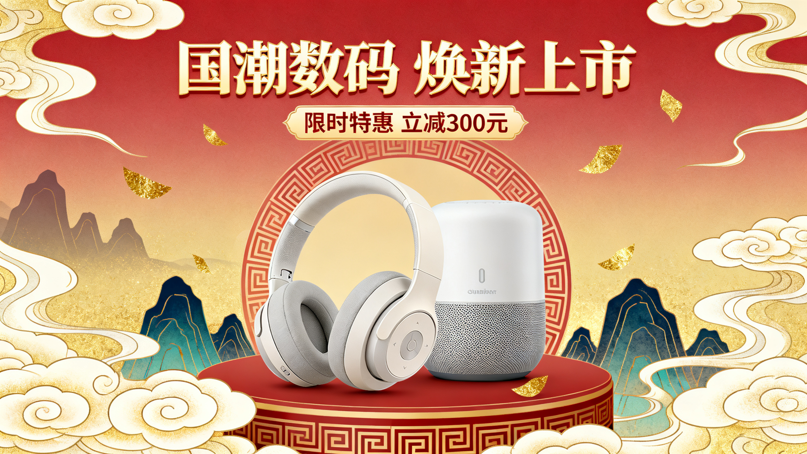 国潮风格数码家电电商banner，画面中央展示一款国潮设计的智… - 图片创意预览