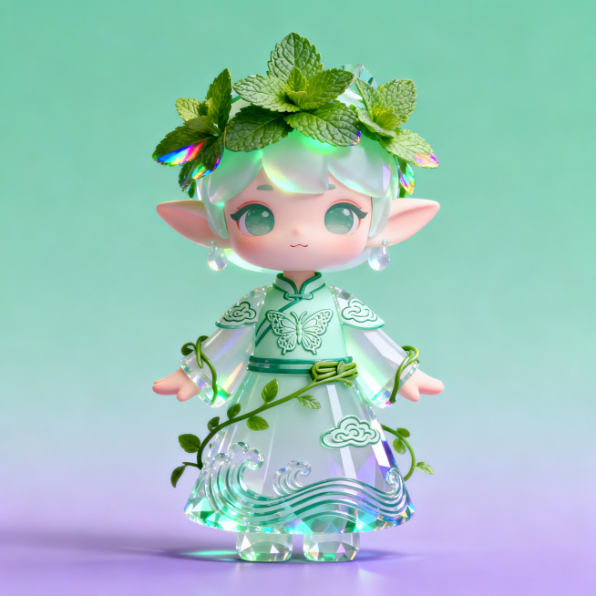 一只Q版国风精灵玩偶，以薄荷与湖湘文化为原型，薄荷绿色，头戴层叠薄荷叶片组成的叶冠，身体为半透明磨砂棱镜晶体材质，内部透出柔和的薄荷白光，叶片边缘有彩虹折射光斑，身穿湖湘风格国风服饰，衣上有三处雕刻深预览效果