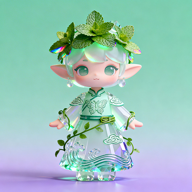 一只Q版国风精灵玩偶，以薄荷与湖湘文化为原型，薄荷绿色，头戴层叠薄荷叶片组成的叶冠，身体为半透明磨砂棱镜晶体材质，内部透出柔和的薄荷白光，叶片边缘有彩虹折射光斑，身穿湖湘风格国风服饰，衣上有三处雕刻深邃、清晰可见的光纹：胸前为湘绣蝴蝶纹，肩部为岳麓山云纹，裙摆为湘江水波纹，薄荷藤蔓缠绕手臂与腰间，表情灵动、治愈、可爱，柔和冷调轮廓光，背景为薄荷绿与浅紫色渐变，不出现不透明、纯黑、深灰、金属金、浓重阴影、羊毛材质、织物纹理、哑光黏土、亮面塑料、霓虹过曝、刺眼直射阳光、真实皮肤纹理、西方奇幻、厚重盔甲、机械零件、双胞胎玩偶、紫藤花、紫色为主、薰衣草身体、粉色、蓝色为主，8K，C4D渲染，高端文创潮玩设计
