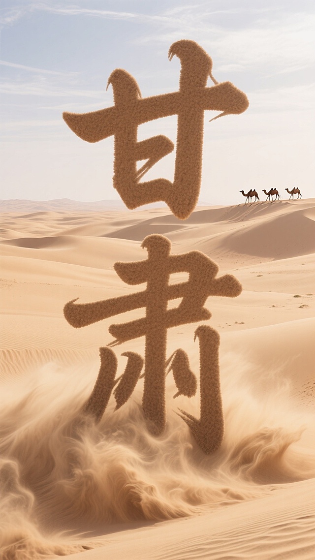 广袤的沙漠上呈现气势磅礴的"甘肃"巨大的景观字，每个笔画由卷起翻滚的沙尘组成，美丽的天空，远处隐约有一支骆驼队伍