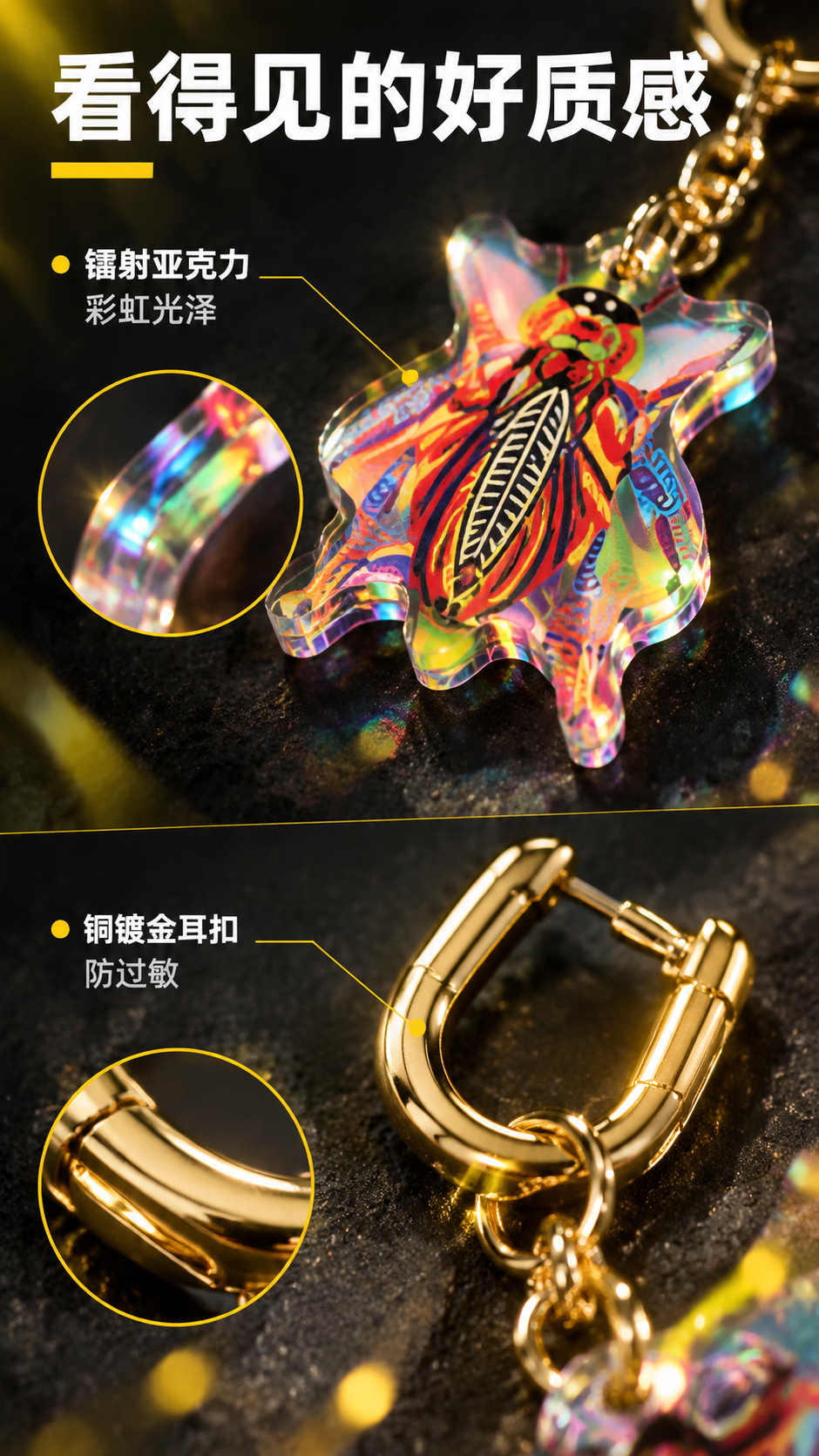 [商品] 使用【图1】中的亚克力坠头和铜镀金耳扣；保留原创图案… - 图片创意预览
