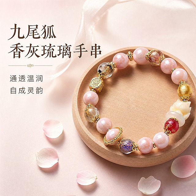 [主图-1] 九尾狐香灰琉璃手串首图，展示产品整体外观与温润通透质感，突出国风灵韵气质。
[统一基调] 淘宝/天猫珠宝饰品主图，精致高级国风风格，浅粉白渐变背景，主标题用书法感宋体字，字色为深棕金色，辅助文案用细黑体浅棕色，整体色调柔和温暖，营造温润灵韵的东方美学氛围。
[画面] 九尾狐香灰琉璃手串完整展示，手串位于画面偏右位置，采用45度斜侧视角摆放，主体占比约65%。手串由粉色琉璃珠、香灰纹理琉璃珠、金色金属隔珠和白色九尾狐雕刻珠组成，珠子圆润饱满，琉璃通透有光泽，香灰纹理清晰可见，九尾狐造型雕刻精细。手串下方放置一个浅原木色圆形小托盘，托盘边缘散落3-5片淡粉色樱花花瓣，左上角轻搭一小段米白色丝绸缎带，道具精致简约不喧宾夺主。背景为淡粉色到奶白色的柔和渐变，干净简洁。
[光影质感] 柔和的影棚柔光，主光从左上方45度打下，在琉璃珠子表面形成水润的高光弧面，重点打亮琉璃珠子的通透感和香灰的独特纹理，让珠子看起来有"水润"的宝石光泽，金属隔珠有细腻的金属反光，阴影柔和自然，整体光影均匀干净，商业珠宝摄影质感。
[配色] 背景淡粉白渐变，主文字深棕金色，辅助文字浅棕色，整体暖粉金配色，温润雅致。
[文字版式] 画面左侧留白区域放置文字，主标题"九尾狐香灰琉璃手串"用大号书法宋体字，位于左上方；下方两行辅助文案"通透温润""自成灵韵"用稍小的细黑体，字间距适中，文字清晰不遮挡产品。
[输出要求] 1:1正方形，1440x1440像素，产品清晰锐利，文字清晰可读，构图平衡美观。负向：珠子变形、颜色偏差、九尾狐造型模糊、文字错字、画面杂乱、水印、平台Logo、塑料感、脏点、划痕。