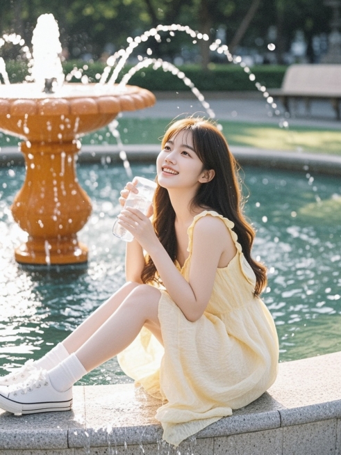 一个女生，夏天，喷泉，开心预览效果