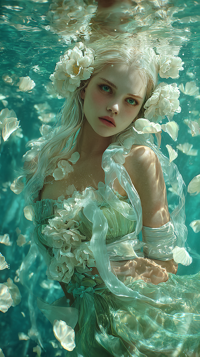 A beautiful ethereal girl with long flowing white hair adorned with white gardenia flowers and green leaves, floating underwater in a dreamy emerald-green aquatic realm. She wears a translucent, wet-looking emerald silk gown with delicate ruffles and a flowing white ribbon wrapping around her waist and arms. Her skin glows softly with underwater light, eyes are large and luminous teal, expression serene and slightly melancholic. Petals drift around her in slow motion, creating a magical, weightless atmosphere. Soft volumetric lighting from above illuminates her face and dress, with caustic light patterns dancing on fabric and skin. Highly detailed digital painting, fantasy art style, anime-inspired facial features, ultra-realistic water simulation, cinematic composition, vertical aspect ratio, 8k resolution, trending on ArtStation, by artists like WLOP and Makoto Shinkai.，--ar 9:16 --v 6.0 --q 2 --stylize 750 --chaos 20