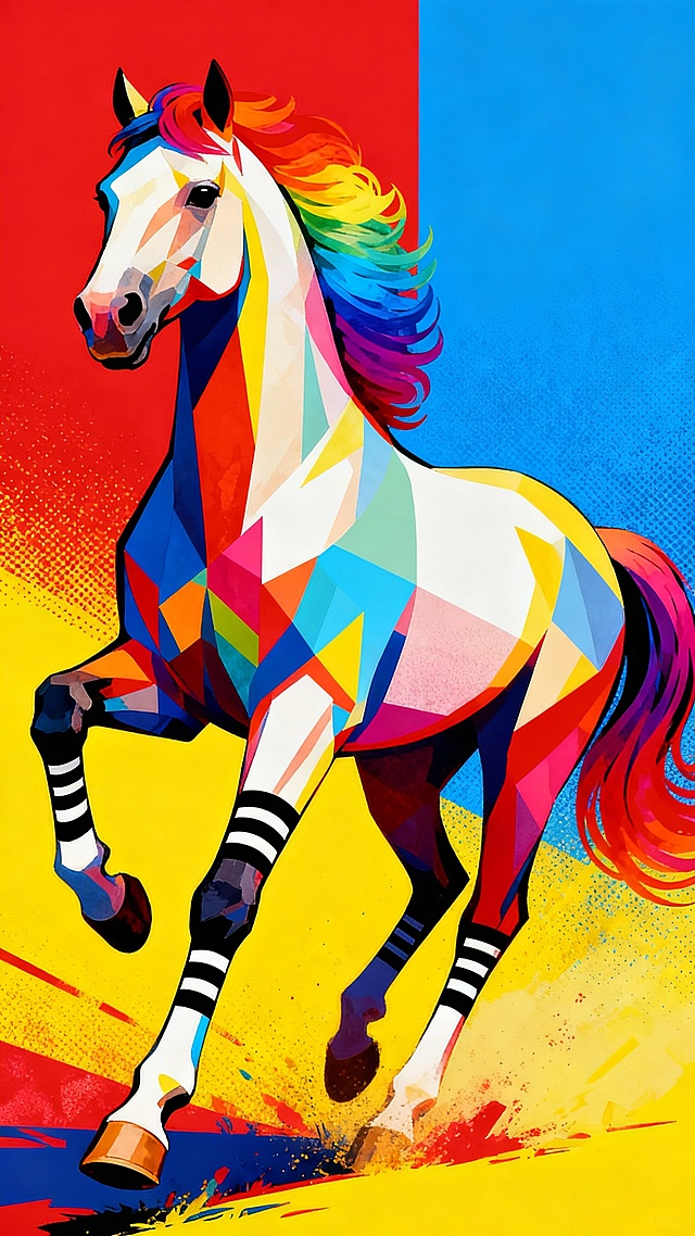 低多边形风格的彩虹骏马，融合孟菲斯色彩与几何抽象，搭配噪点纹理和印刷风背景，呈现酷炫潮流的视觉冲击。