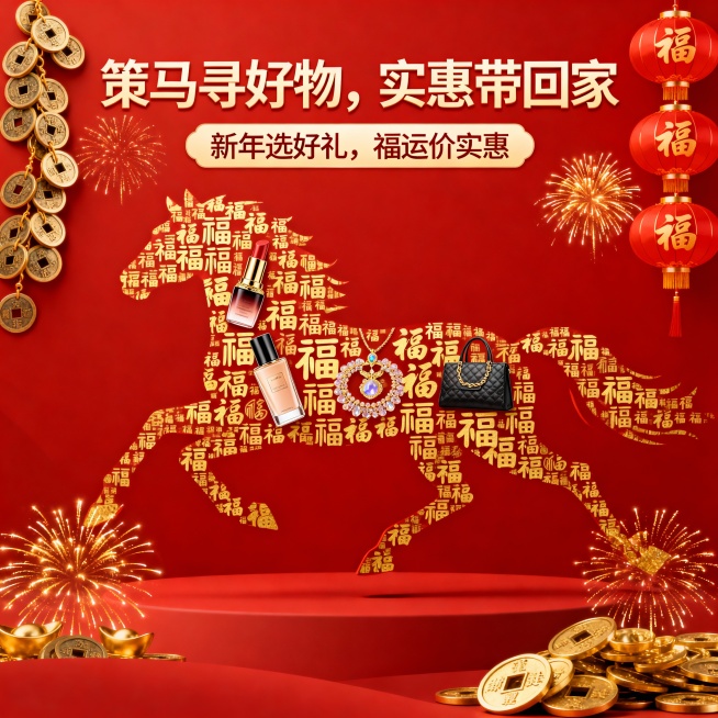 【海报标题】
策马寻好物，实惠带回家

【海报描述】
以浓郁的中国红为背景，一幅奔腾跃动的骏马轮廓跃然纸上——细看之下，马身由千百个金色多样字体的“福”字巧妙组成，寓意“福随马到”。马影之中，自然融入预览效果