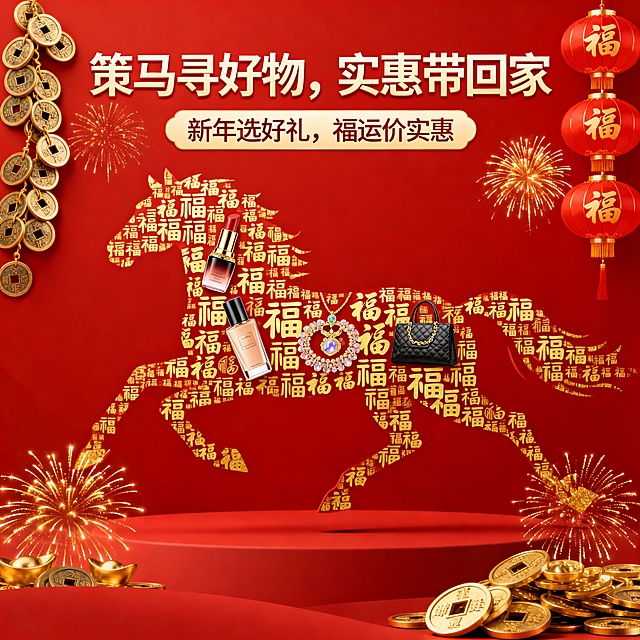 国潮风融合鎏金浮雕元素，以“福”字马形超级符号承载美妆与奢品，搭配金属质感灯笼、金币与烟花，营造喜庆奢华的新年氛围。