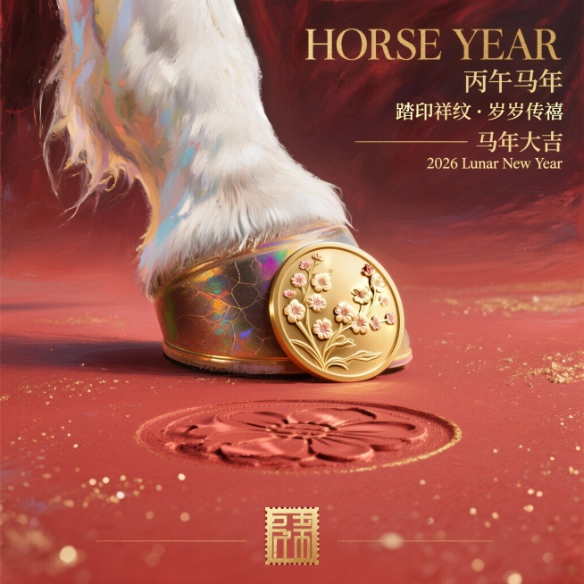 主标题： 金蹄踏印 · 马岁祯祥
副标题： 2026农历丙午马年限定艺术海报
画面口令（优化版）：
视觉基调
「超写实3D胶片摄影风格｜哑光深红渐变背景｜高ISO颗粒质感｜戏剧化柔光」
主体结构
「仰预览效果