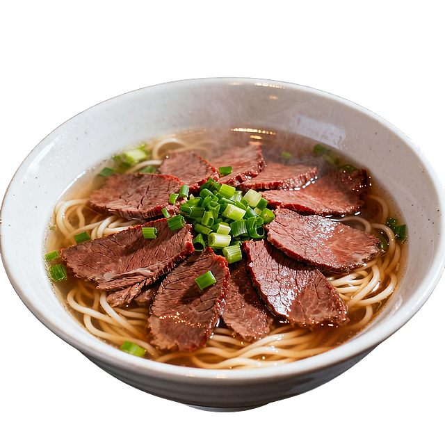 将图中牛肉面里的生牛肉替换为完全卤熟的棕红色牛肉片，保持整体构图不变，白碗装牛肉面，牛肉是一片一片，汤色清亮浓郁，面条筋道，撒翠绿葱花，热气腾腾，看起来非常有食欲