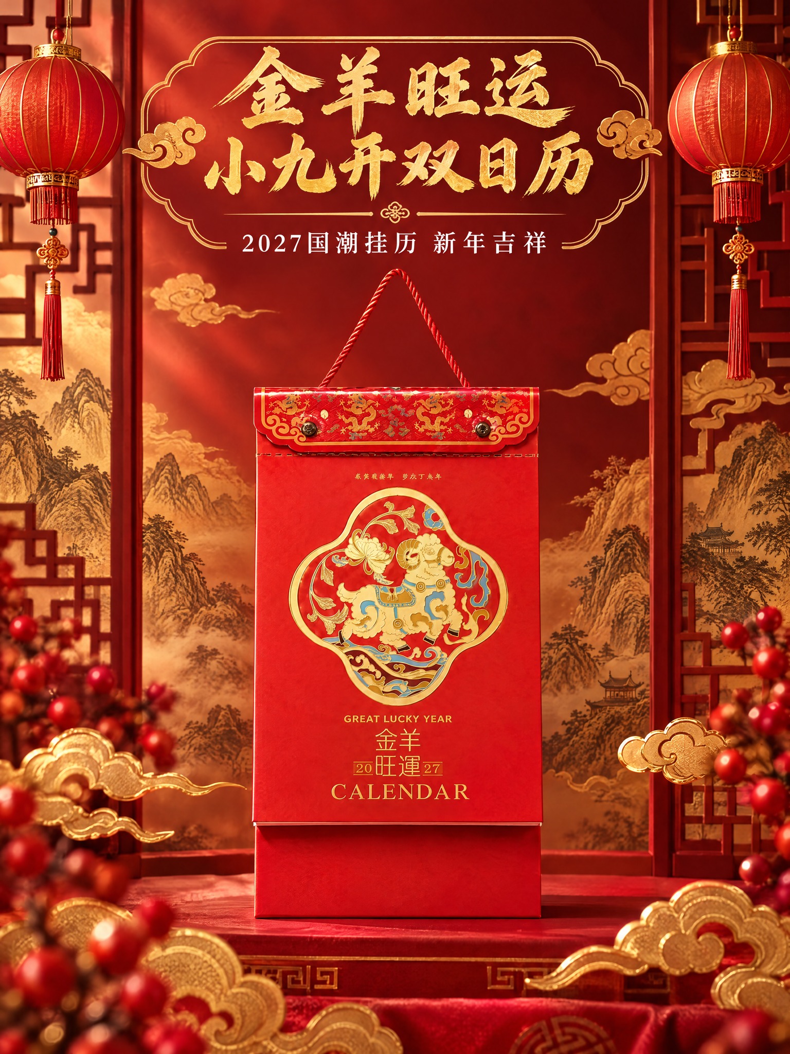 [商品] 使用金羊旺运款挂历；保留红色封面、海棠形金色羊图案、… - 图片创意预览