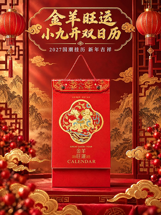 [商品] 使用金羊旺运款挂历；保留红色封面、海棠形金色羊图案、金羊旺运文字、龙纹织锦头带、铜扣、红色挂绳、底部红色底座等全部结构和颜色，外观与参考图完全一致。
[画面] 氛围头图，目标：小九开双日历挂历惊艳亮相。商品主角型构图，挂历悬挂在画面中央偏下，占画面50%，正面视角。背景为深红色渐变，上方有金色祥云纹样、红色灯笼、中式窗格等国潮元素，营造浓厚新年氛围。前景有金色祥云装饰和红色浆果，增加层次感。整体3层以上视觉层次。
[视觉] 套系策略：风格=国潮传统喜庆高端商业摄影；标题字=大气书法体（金色烫金质感）；正文字=现代宋体（白色）；主色=中国红+烫金；背景延展=深红渐变+金色祥云纹理+中式装饰元素；强调色=金色，用于标题、图标、引线和装饰；标题色=金色；正文色=白色；组件=金色描边圆角卡片、祥云装饰元素、传统纹样边框；光影=左前侧暖光，突出烫金光泽和纸张质感。
[文字] 画面上方居中主标题"金羊旺运 小九开双日历"，金色书法大字；副标题"2027国潮挂历 新年吉祥"，白色小字；主标题下方有一条金色装饰线。文字不遮挡挂历主体。
[规格] 比例3:4竖版，2K分辨率，避免变形、错字、模糊、冷蓝背景、外观不符。