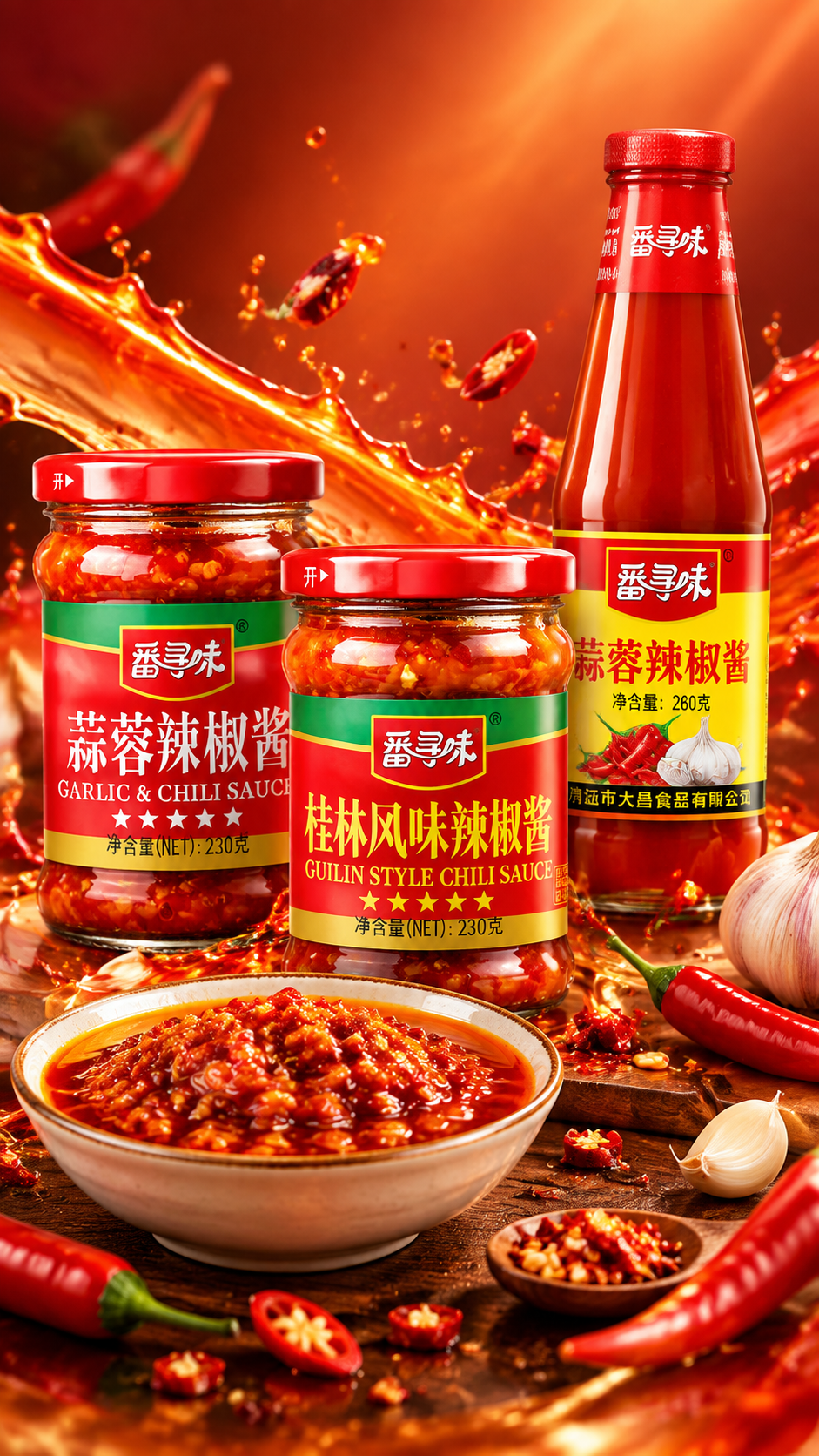 高端辣椒酱产品海报，画面中央错落摆放三瓶番寻味辣椒酱产品：左侧… - 图片创意预览