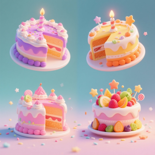 四个不同角度展示的超可爱卡通风格生日蛋糕，每个蛋糕都有切片露出多层夹心，表面覆盖着厚厚的奶油和丰富装饰，左侧上方蛋糕为粉紫色系，左侧下方为粉红色系，右侧上方为橙黄色系，右侧下方为多彩水果系，所有蛋糕都点缀着星星、糖果、水果等元素，周围散落着小星星和糖粒，整体画面色彩鲜艳明快，充满童趣和甜蜜氛围，光线明亮柔和，具有强烈的3D立体感和细腻的材质表现，背景为纯色渐变，突出蛋糕主体，整体呈现出梦幻、活……预览效果