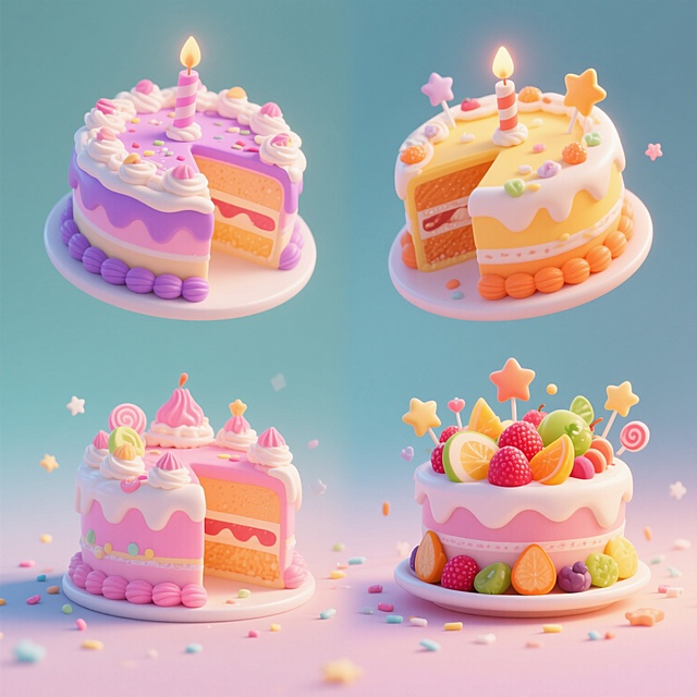 四个不同角度展示的超可爱卡通风格生日蛋糕，每个蛋糕都有切片露出多层夹心，表面覆盖着厚厚的奶油和丰富装饰，左侧上方蛋糕为粉紫色系，左侧下方为粉红色系，右侧上方为橙黄色系，右侧下方为多彩水果系，所有蛋糕都点缀着星星、糖果、水果等元素，周围散落着小星星和糖粒，整体画面色彩鲜艳明快，充满童趣和甜蜜氛围，光线明亮柔和，具有强烈的3D立体感和细腻的材质表现，背景为纯色渐变，突出蛋糕主体，整体呈现出梦幻、活泼、诱人的视觉效果。