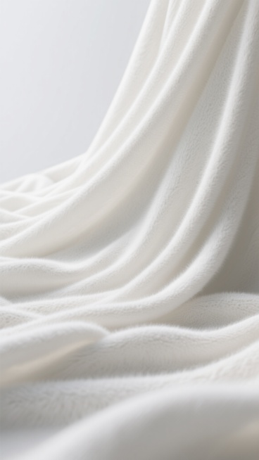 一幅3D渲染的背景图，画面中是一块具有丰富褶皱的布料，材质呈现出细腻的白色羊绒质感，表面柔软蓬松，带有自然的纹理和轻微的绒毛感。整体色调为纯净的白色，光影效果柔和，光源从斜上方照射，在褶皱处形成自然过渡的明暗阴影，高光部分细腻柔和，阴影部分层次丰富，营造出宁静、优雅且高级的氛围。布料的褶皱形态自然流畅，具有明显的垂坠感和立体感，占据整个画面，构图饱满，背景简洁纯净，没有其他多余元素。预览效果