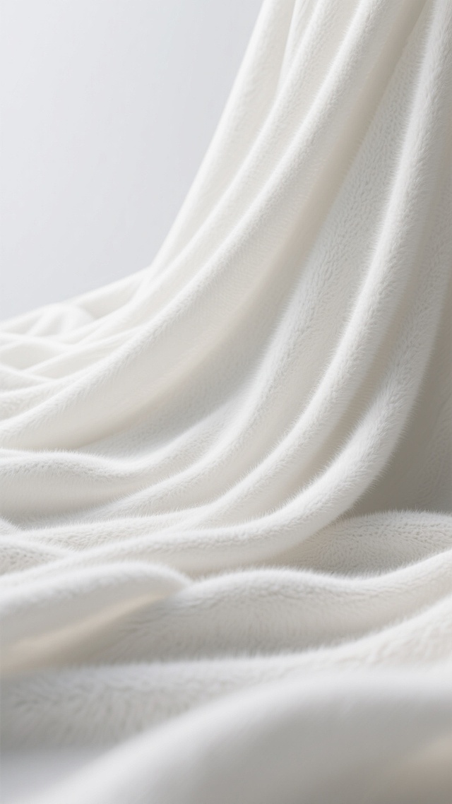 一幅3D渲染的背景图，画面中是一块具有丰富褶皱的布料，材质呈现出细腻的白色羊绒质感，表面柔软蓬松，带有自然的纹理和轻微的绒毛感。整体色调为纯净的白色，光影效果柔和，光源从斜上方照射，在褶皱处形成自然过渡的明暗阴影，高光部分细腻柔和，阴影部分层次丰富，营造出宁静、优雅且高级的氛围。布料的褶皱形态自然流畅，具有明显的垂坠感和立体感，占据整个画面，构图饱满，背景简洁纯净，没有其他多余元素。