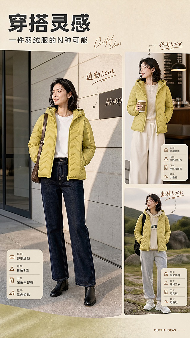 [商品] 使用【图1】芥末黄连帽轻薄羽绒服；商品处理：保留连帽、双向拉链、人字纹V形绗缝、插肩袖、侧插口袋、松紧袖口、下摆抽绳、芥末黄颜色和轻薄羽绒面料；自然去除衣身杂乱褶皱与压痕，理顺垂坠，增强面料纹理、缝线、拉链和五金质感，不改变版型和结构。
[画面] 目标：穿搭灵感页，展示多场景搭配方案。构图：左侧大主图占60%，右侧上下排列2张小搭配图，整体竖版布局。景别：主图全身穿搭，小图半身搭配特写。场景：主图=都市通勤街景背景（简约建筑外墙），产品搭配白色T恤+深色牛仔裤+短靴；右上小图=休闲咖啡场景，搭配针织衫+阔腿裤；右下小图=周末出游场景，搭配卫衣+运动裤。每套搭配中羽绒服保持同款同色。
[视觉] 套系策略：风格=高级简约通勤商业摄影；标题字=现代无衬线粗体（思源黑体Heavy）；正文字=简洁无衬线体（思源黑体Regular）；主色=芥末黄/橄榄绿；背景延展=基于浅米杏做深浅层级、同色渐变和细腻纸张/织物质感；强调色=焦糖棕，仅用于小面积图标、引线和标签；标题色=深炭灰；正文色=中暖灰；组件=圆角浅底信息卡、细线引线、手写英文装饰；光影=左前侧45度暖柔光，柔和阴影。
[文字] 顶部主标题「穿搭灵感」（4字），副标题「一件羽绒服的N种可能」（10字）。每套搭配旁配手写风格小标签：「通勤LOOK」「休闲LOOK」「出游LOOK」。右下角小号英文「OUTFIT IDEAS」。文字均为横排，不遮挡产品主体。
[规格] 图片比例9:16竖版，4K分辨率，medium质量。避免变形、错字、文字过小、冷蓝/蓝灰背景、衣服颜色改变、版型失真、绝对化用语。