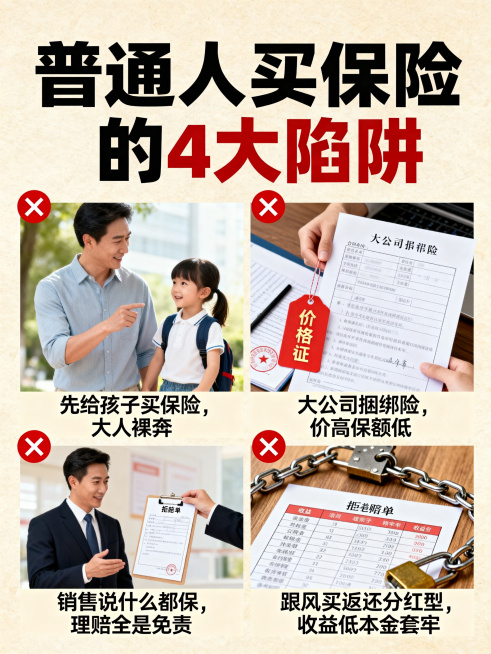 家庭保险避坑科普海报，画面主标题：普通人买保险的4大陷阱，列出4个坑点：1、先给孩子买保险，大人裸奔；2、大公司捆绑险，价高保额低；3、销售说什么都保，理赔全是免责；4、跟风买返还分红型，收益低本金套预览效果