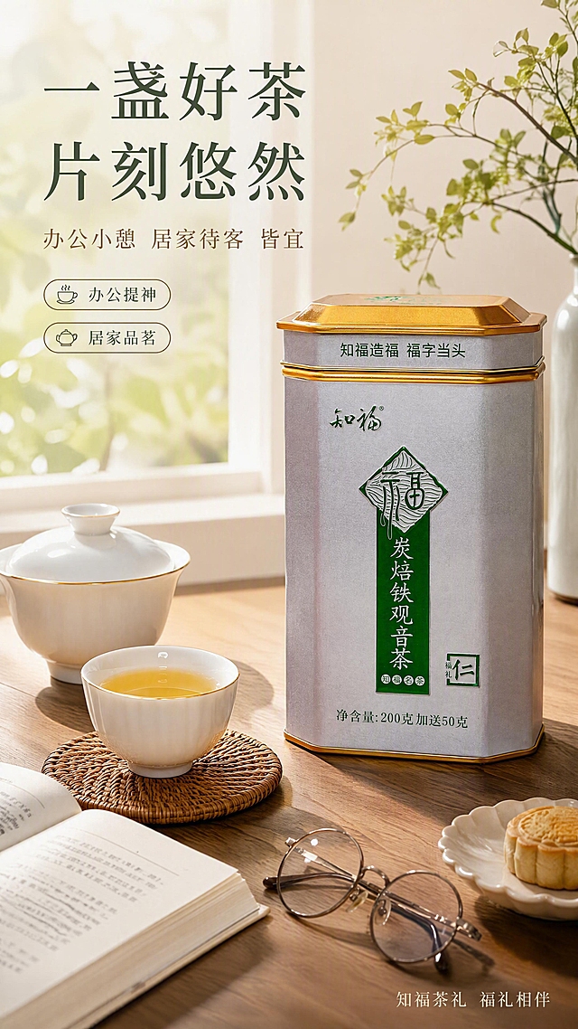 [第5张] 详情页品饮场景-下午茶/办公品饮生活方式。本张使用【图1】作为产品展示。
[氛围/风格] 雅致生活方式场景，温馨静谧，下午茶氛围，商业摄影质感。
[元素布局] 场景为原木书桌一角，知福炭焙铁观音铁罐置于画面右侧，占比约40%，罐体与输入图一致；左侧摆放白瓷茶杯、盛有金黄茶汤的茶盏、一本翻开的书；窗边自然光洒入，窗外隐约可见绿植；桌面上还有眼镜、一小碟茶点；整体营造悠闲下午茶或办公小憩的氛围。
[光影质感] 窗边自然柔光从左侧照入，温暖明亮；罐体金属质感柔和，茶汤通透有光泽；桌面有自然投影，整体氛围静谧舒适。
[配色色系] 全局底色 #F5F0E6（暖米白）；主色木棕 #A67C52、墨绿 #2E5D3A；辅助色金色 #C9A962、米白。
[视角构图] 45°斜侧俯视桌面场景，产品与茶杯形成视觉三角，阅读动线左上标题 → 中部场景 → 右下产品。
[文字版式] 左上区域主标题「一盏好茶 片刻悠然」，副标题「办公小憩 居家待客 皆宜」；下方两个场景标签「办公提神」「居家品茗」；右下角小字「知福茶礼 福礼相伴」；标题宋体，字色墨绿+暖棕。
[比例分辨率] 9:16 竖版比例，4K分辨率，文字清晰可辨，高清画质。
[负向提示词] 罐体变形，包装文字错乱，水印，文字过小，人物面部出现，产品图模糊，背景杂乱。