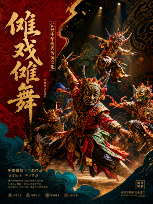 非遗文化主题海报，傩戏傩舞主题，画面生动丰富，多位佩戴傩面的舞者动态舞姿，强烈视觉冲击力，高对比度浓郁传统撞色，明暗对比强烈，动态线条张力十足，结合传统纹样与现代构图，舞台聚光光影，细节丰富生动，肌理预览效果